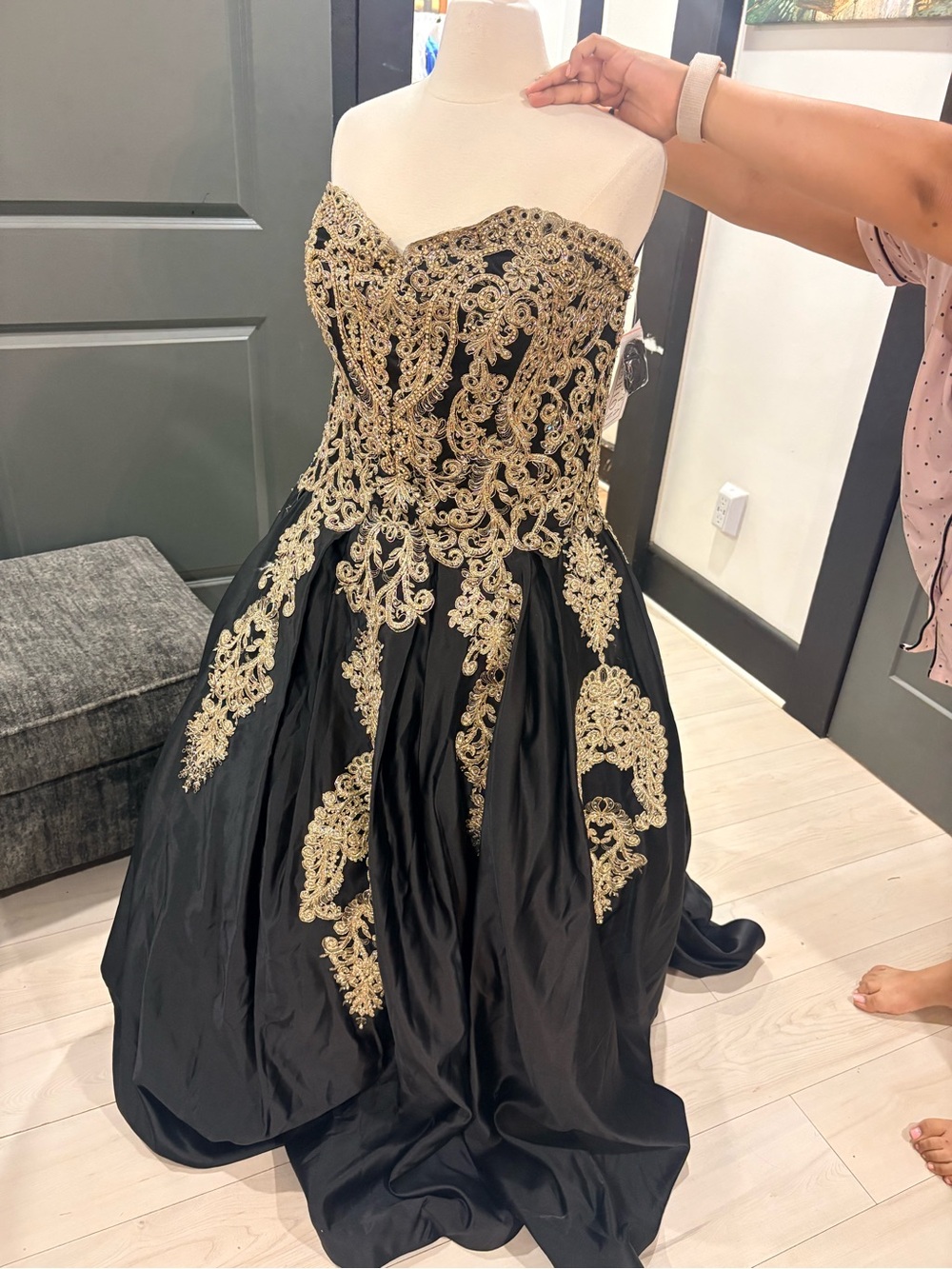 Black Prom Gown with Gold Lace Appliqué with an extra lcardigan